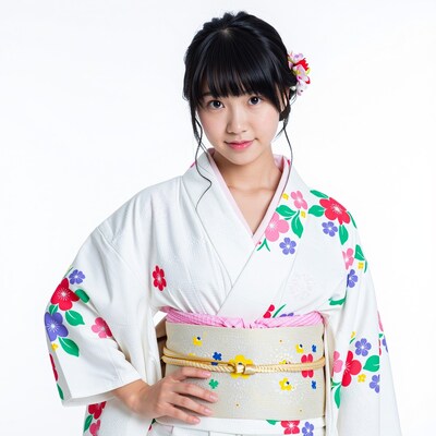 Young Japanese woman in white floral kimono