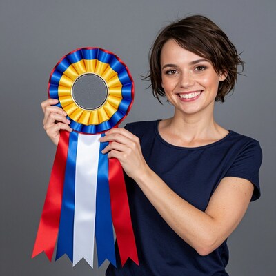 Woman holding first place award ribbon