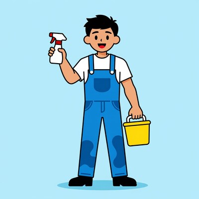 Cartoon Janitor with Spray Bottle and Bucket