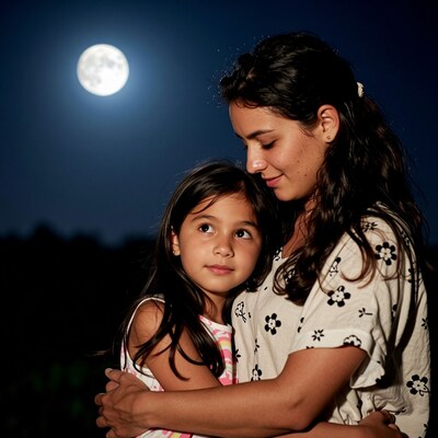 Mother and daughter under full moon