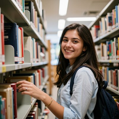 Smiling student in library