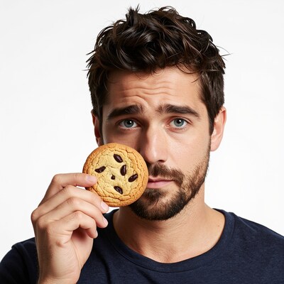 Man holding chocolate chip cookie