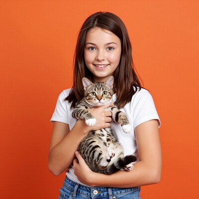 Girl holding tabby cat