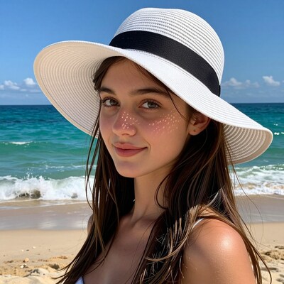 Woman in white sun hat at beach