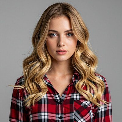 Blonde woman in plaid shirt