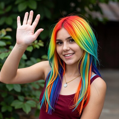 Rainbow Hair Woman Waving