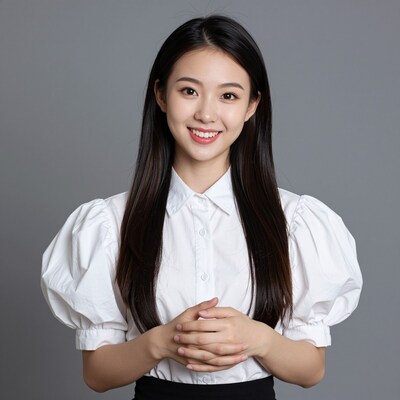 Smiling East Asian woman in white blouse