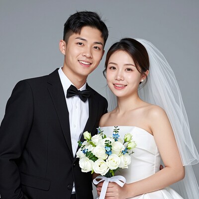Asian bride and groom wedding portrait