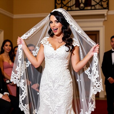Bride holding lace veil