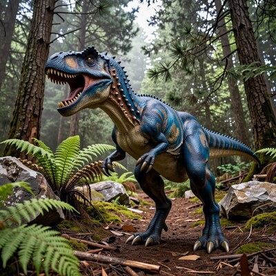Blue T-Rex Dinosaur in Forest