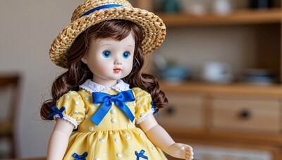 Porcelain doll in yellow dress and straw hat