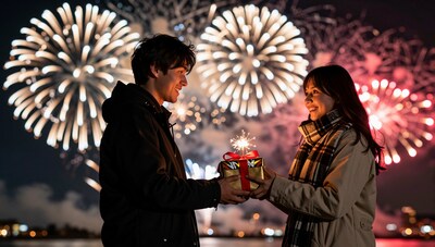 Couple Exchanging Gift with Fireworks