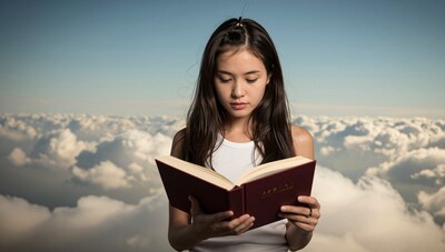 Young Asian woman reading book above clouds