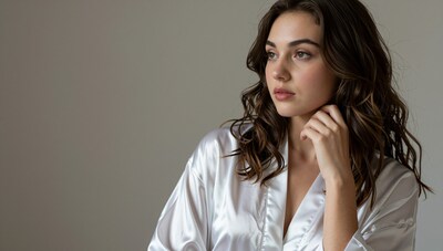 Woman in white satin robe