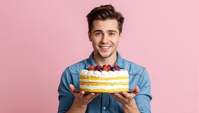 Man holding berry cake