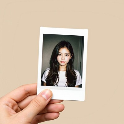 Hand holding Polaroid photo of young Asian woman