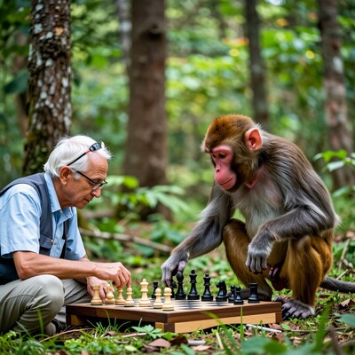 Elderly man playing chess with monkey in forest
