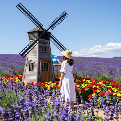 Woman painting windmill in flower field