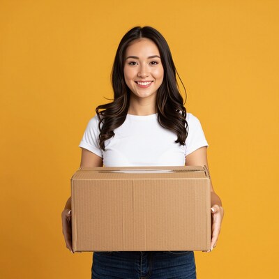 Smiling Woman Holding Cardboard Box