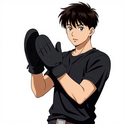 Anime boy in black gloves