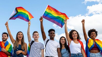 Pride Parade Group with Rainbow Flags