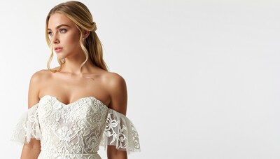 Blonde Woman in White Lace Wedding Dress