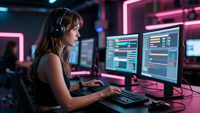 Female Programmer Coding at Desk