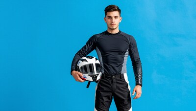 Man holding motorcycle helmet