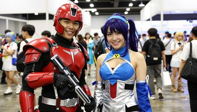Asian couple cosplaying at anime convention