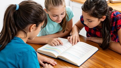 Three girls reading book together