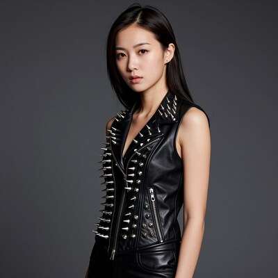 Asian woman in spiked leather vest
