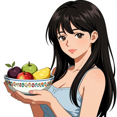 Anime girl with fruit bowl