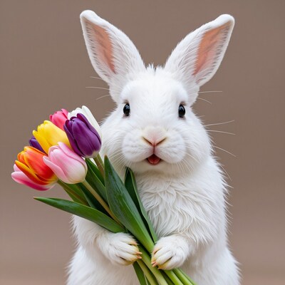 White Rabbit Holding Tulips