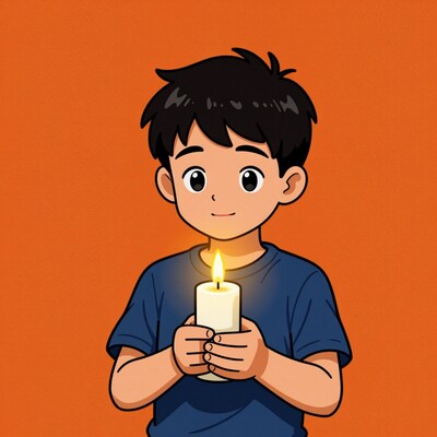 Cartoon boy holding candle