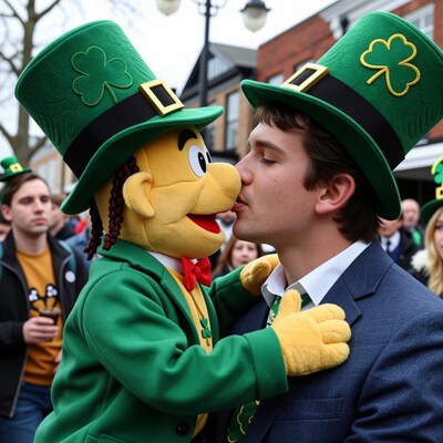 Man kissing leprechaun mascot