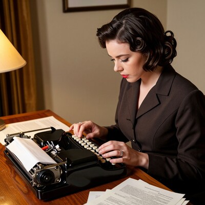 Woman Typing on Vintage Typewriter
