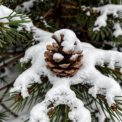 Snowy Pine Cone on Branch