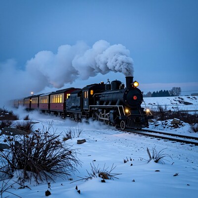 Steam train in snowy landscape