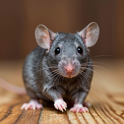 Cute Gray Rat on Wooden Floor