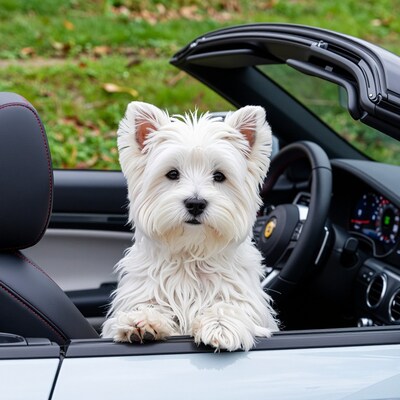 White Westie Dog in Convertible Car