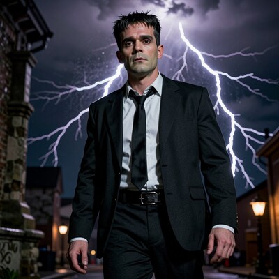 Man in Black Suit with Lightning