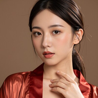 Beautiful Asian woman in red satin robe