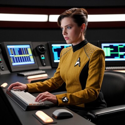 Woman in Star Trek uniform at console