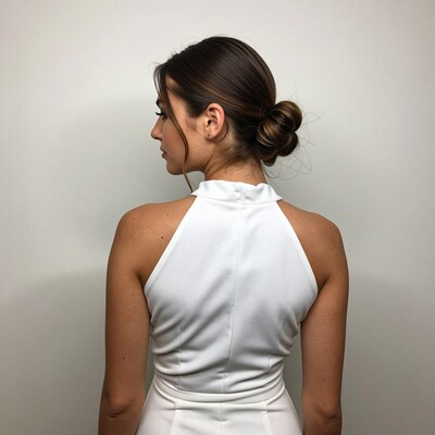 Woman in white halter dress with low bun hairstyle
