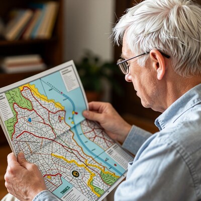 Elderly man reading London map