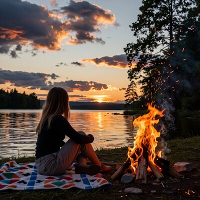 Woman by lakeside campfire at sunset