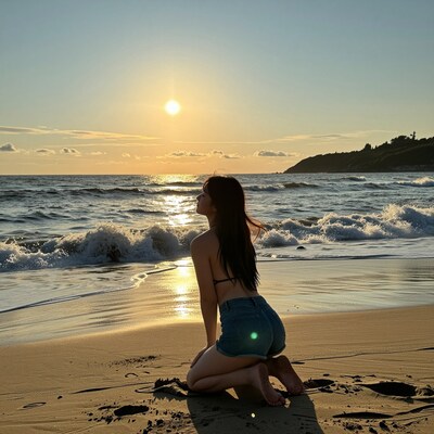 Woman Watching Sunset on Beach