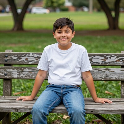 Young boy smiling on park bench