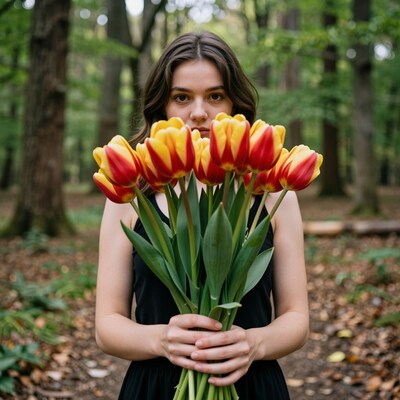 Woman Holding Red Yellow Tulips in Forest