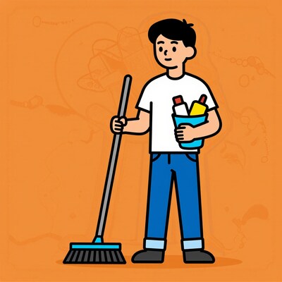 Man with broom and cleaning supplies